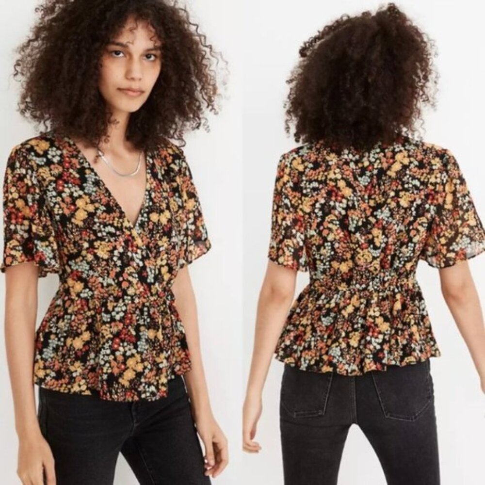 Madewell Top Short Sleeve Peplum Wrap in Garden Flower